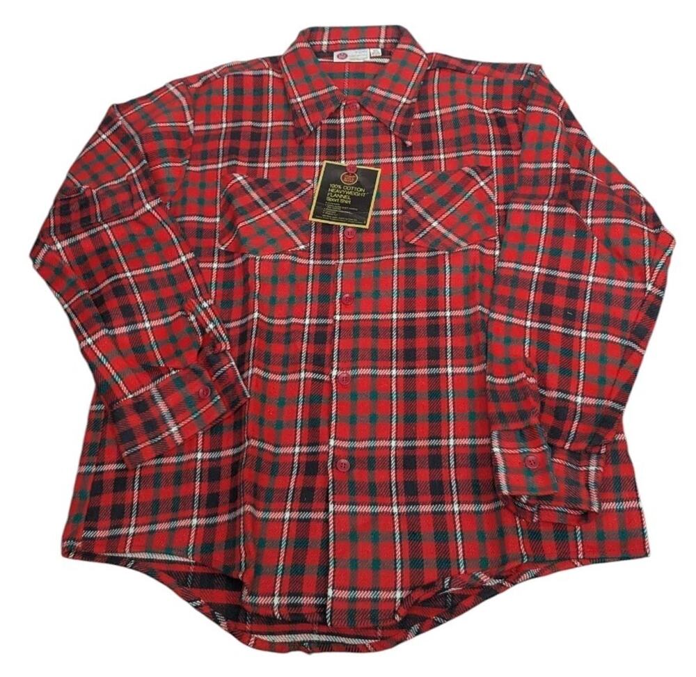 Vintage NOS Sears Kings Road Flannel Mens Size Large Deadstock Red Plaid NWT G